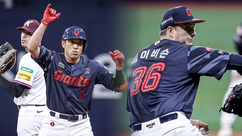 롯데 주장 전준우와 호투 펼친 데이비슨. /사진=롯데 자이언츠 홈페이지, 편집=TSN KOREA